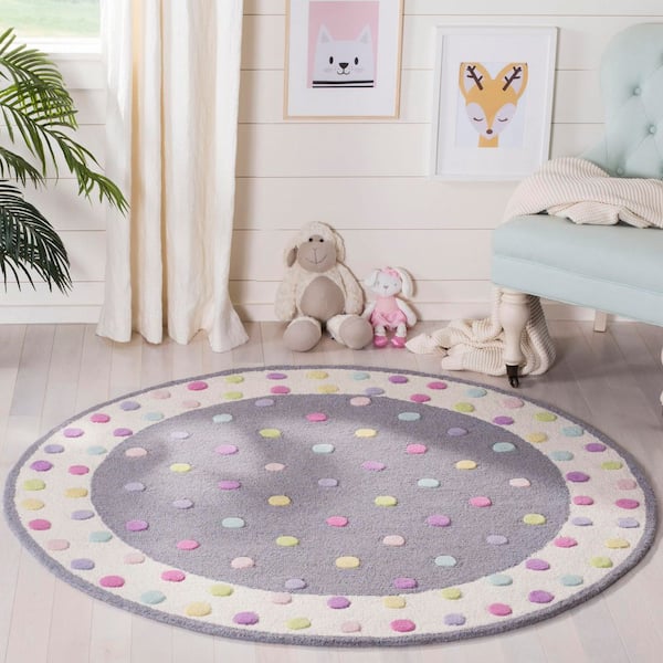 Kids 3 ft. x 3 ft. Gray/Multi Border Polka-Dot Round Area Rug
