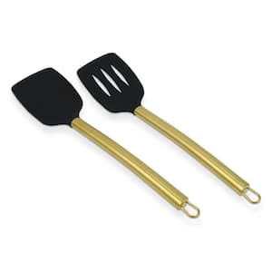 2 Pc 13.75" Silicone Gold Plated Turner Set w/Black