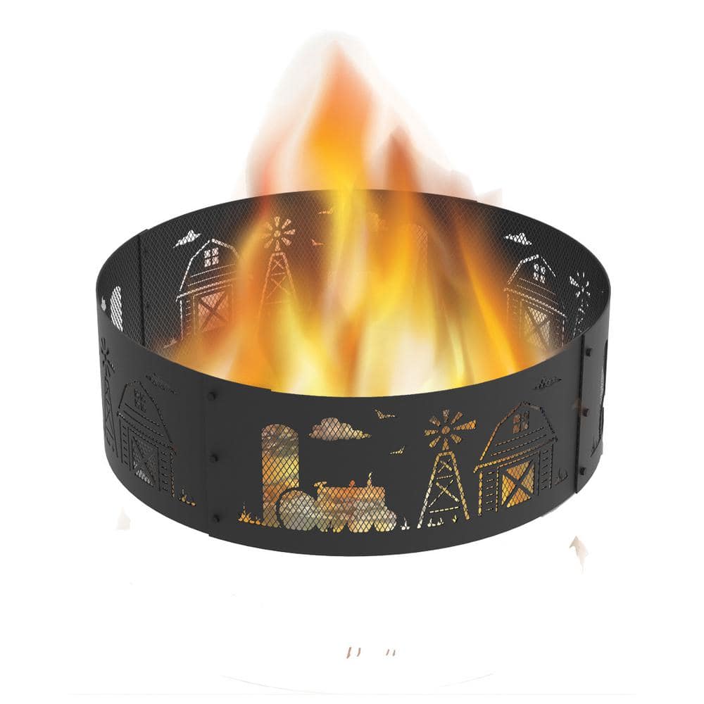 Black Steel Round Farm Design Wood Burning Fire Pit Ring