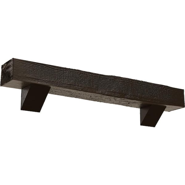 Ekena Millwork 8 in. x 12 in. x 3 ft. Rough Sawn Faux Wood Fireplace Mantel Kit, Breckinridge Corbels, Burnished Mahogany