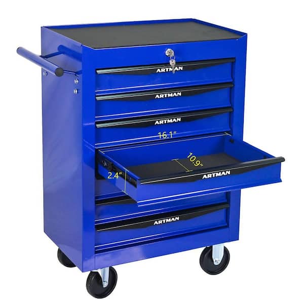 Damodpoy 13 in. W 7-Drawer Rolling Metal Black and Blue Tool