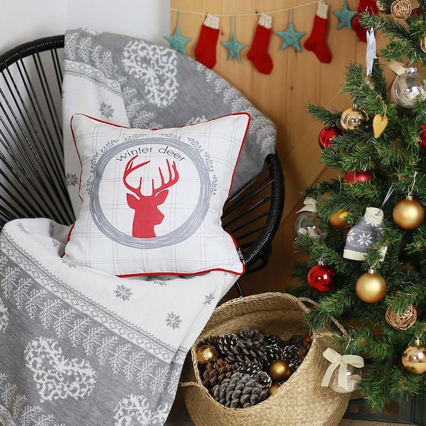 Mike&Co. New York Christmas Deer Decorative Single Throw Pillow 18 x 18 White & Red & Gray Square for Couch, Bedding