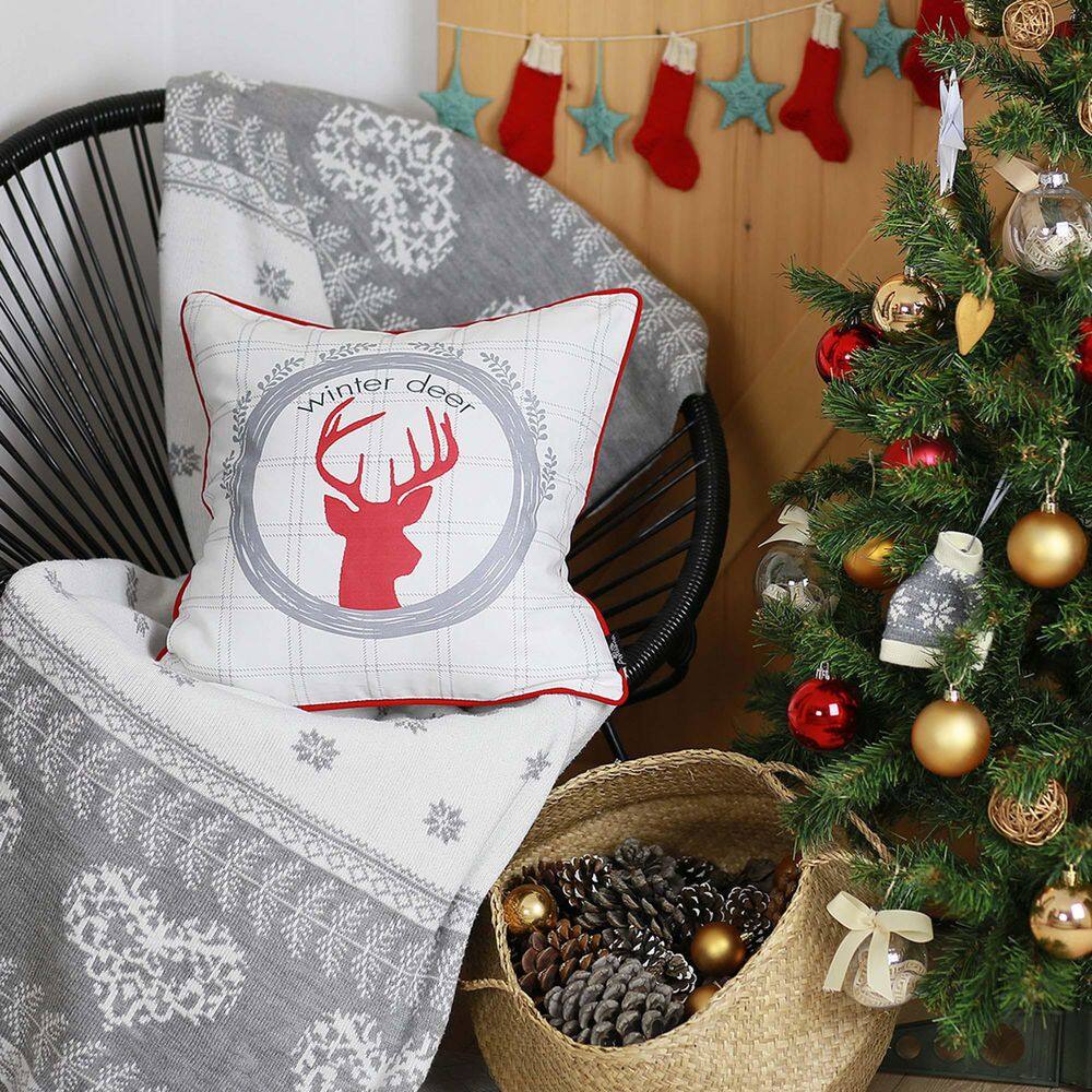 Festive Red and Gray Deer Print 18" Square Pillow Cover