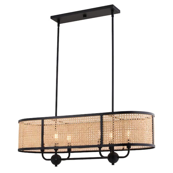 Berens 6-Light Matte Black Farmhouse Linear Chandelier Island Pendant Light Fixture Rattan Cane