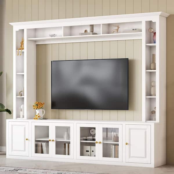 White TV Stand Fits TVs Up to 80 in. with Adjustable Shelves, Bookshelves and Tempered Glass Door