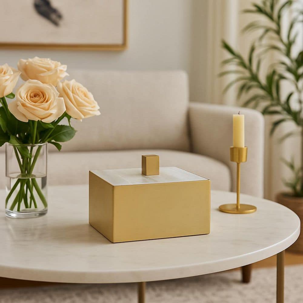 White/Gold 6.25 in. x 4 in. Stone Square Lidded Decorative Box