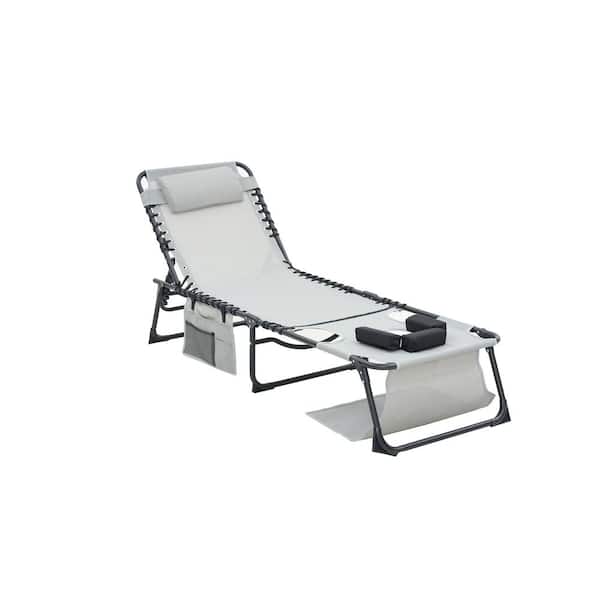 Unbranded 2-Piece Metal Outdoor Foldable Chaise Lounge with 5-Position Adjustable Reclining Back with Face and Arm Holes in Gray