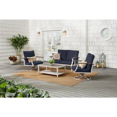 Marina Point 4-Piece White Steel Outdoor Patio Conversation Seating Set with CushionGuard Midnight Navy Blue Cushions