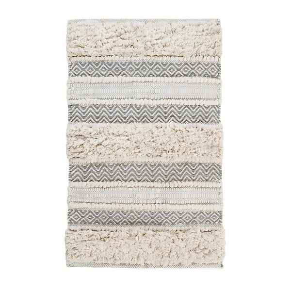 20 in. x 32 in. Grey Woven Texture Stripe Bath Rug, Washable Bath