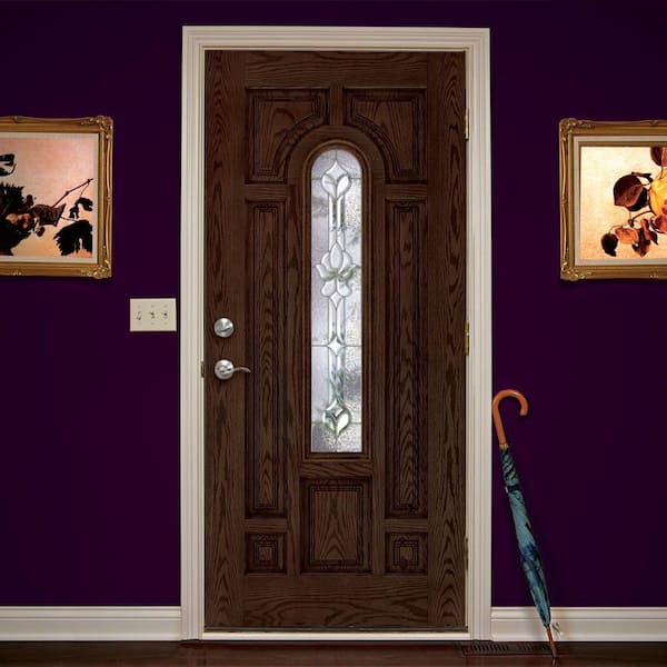 37.5 in. x 81.625 in. Medina Zinc Center Arch Lite Stained Walnut Oak Left-Hand Inswing Fiberglass Prehung Front Door