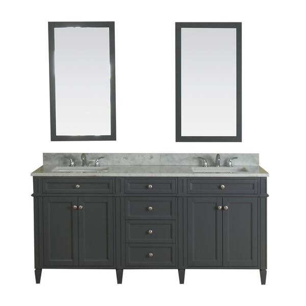 Alya Bath Samantha 72 in. W x 22 in. D Vanity in Gray with Marble Vanity Top in White with White Basin and Mirror