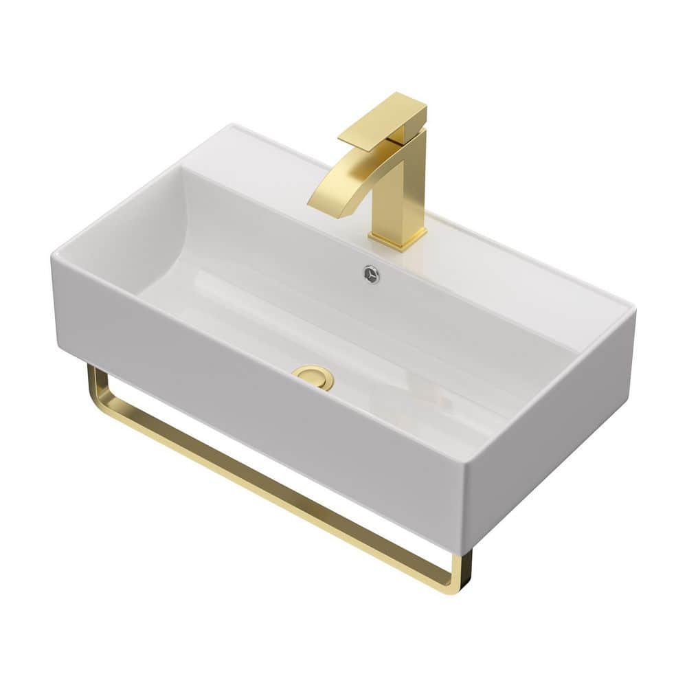 21 in. Rectangular Ceramic Wall-Mounted Bathroom Sink in White with Gold Towel Bar and Faucet price history on PriceWatchPro