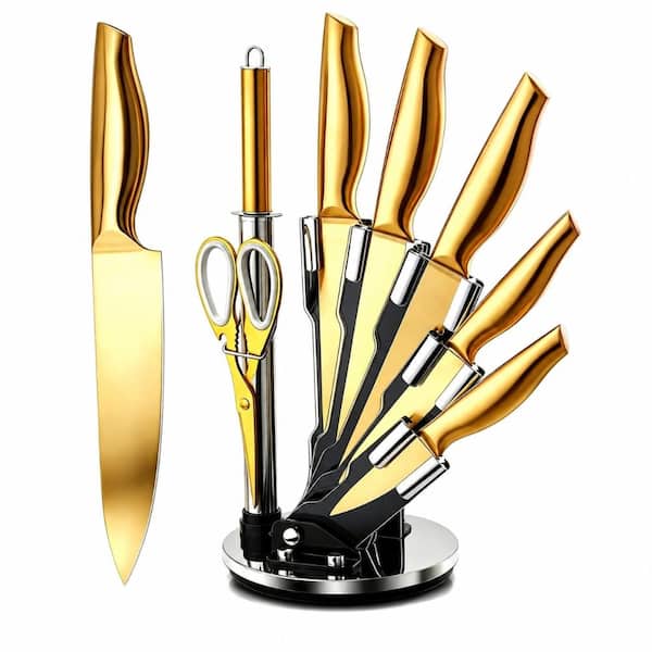 8-Piece Gold Titanium-Coated Stainless Steel Knife Block Set with Rotation Block and Scissors, Dishwasher Safe