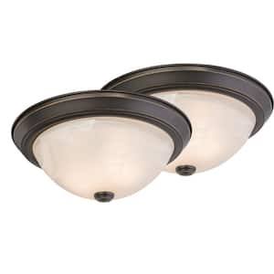 Twin Pack 13 in. W Bronze Flush Mount Ceiling Light Fixture White Glass