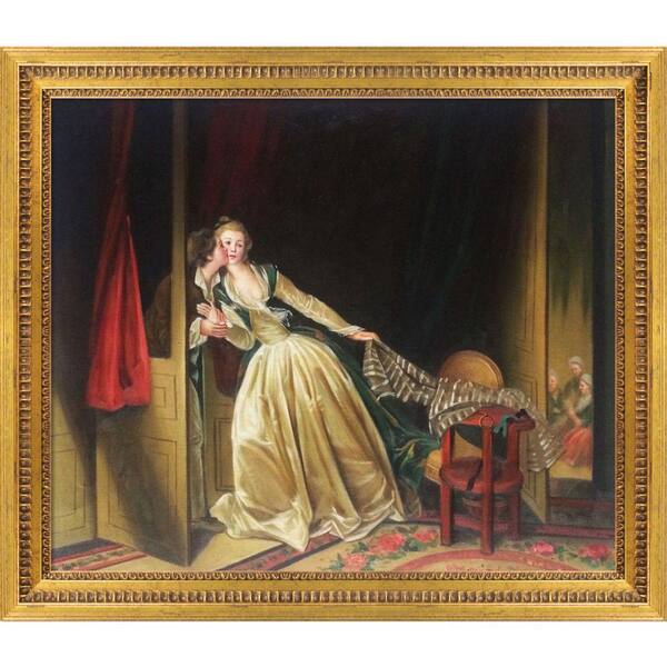 LA PASTICHE The Stolen Kiss by Jean-Honore Fragonard Versailles Gold Queen Framed People Oil Painting Art Print 25 in. x 29 in.