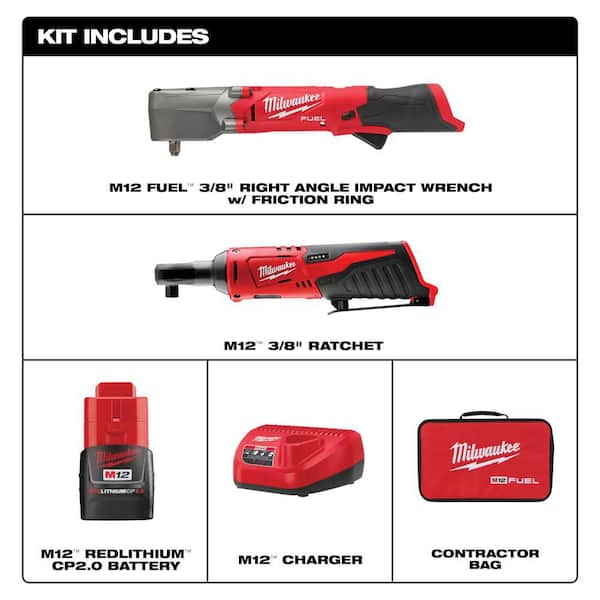 M12 FUEL 12V Lithium-Ion Brushless Cordless 3/8 in Right Angle Impact Wrench Kit w Two 2.0 Ah Batteries & 3/8 in Ratchet