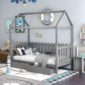 Gray Twin Size Wood House Bed with Drawers and Fence-Shaped Guardrail