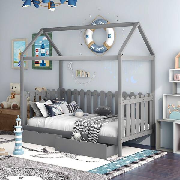 Urtr Gray Twin Size Wood Bed House, Boy Twin Size Bed Frame