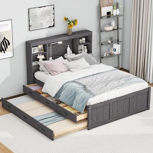Antique Brown Wood Frame Full Platform Bed with Twin Trundle, 3-Drawers, USB Charging, Storage Headboard with Shelves