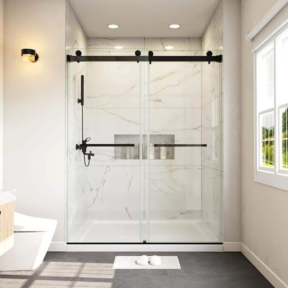 60'' Matte Black Double Sliding Frameless Shower Door with Clear Glass