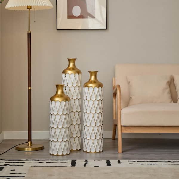 24 in./28in./32in. White Metal Vase Trio, Droplet-Shaped Floor Vases Gold Accents, Glazed Modern Home Decor Centerpieces