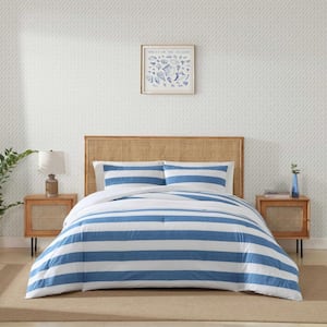 Awning Stripe 3-Piece Blue 100% Cotton Full/Queen Comforter Set