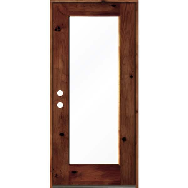 Krosswood Doors 36 in. x 80 in. Rustic Knotty Alder Wood Clear Full-Lite Red Chestnut Stain Right Hand Inswing Single Prehung Front Door
