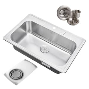 Topmount Drop-In 18G Stainless Steel 33 in. x 22 in. 1-Faucet Hole Single Bowl Kitchen Sink with Colander and Strainer