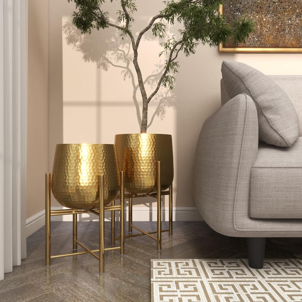 Contemporary Gold Metal Indoor Planter with X-Shaped Stand, 17" Height