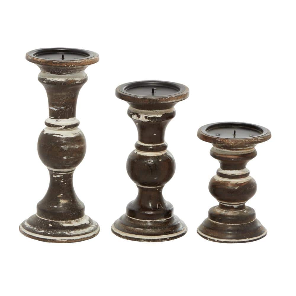 Radiant Glow Traditional Dark Brown Mango Wood Candle Holder Set of 3