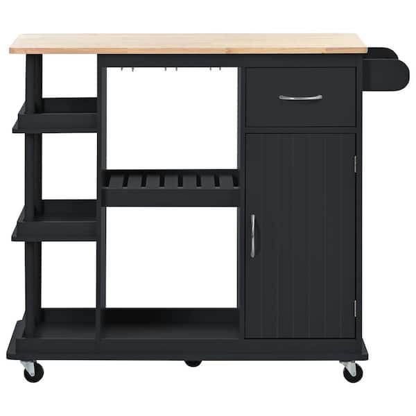 Unbranded Black Rubber Wood Kitchen Cart with Side Storage Shelves, Adjustable Storage Shelves, 5-Wheels and Wine Rack
