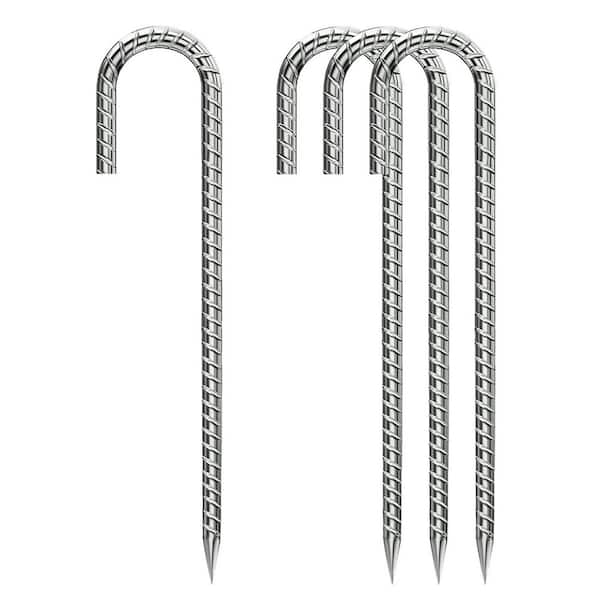 0.3 in. x 12 in. Rebar Tent Stakes Silver J-Hook Ground Stakes for Outdoor Lawn, Inflatables, Canopy, Swing Set, 4 Pcs