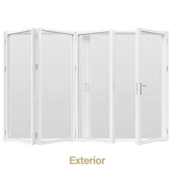 144 in. x 80 in. Left Swing/Outswing Double Tempered Glass White Aluminum Folding Patio Door with Retractable Screen