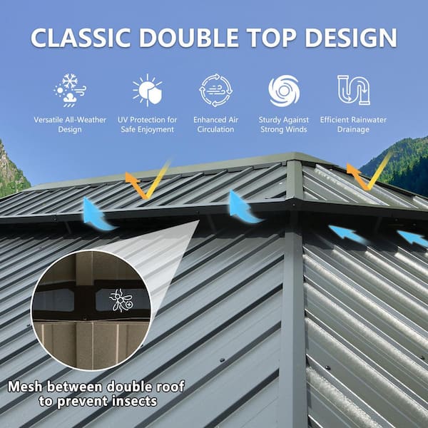 12 ft. x 20 ft. Outdoor Gray Aluminum Frame Galvanized Steel Hardtop Gazebo with Curtains and Netting