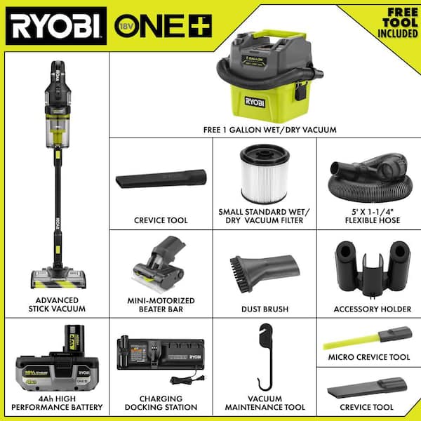 ONE+ HP 18V Cordless Advanced WHISPER Series Stick Vacuum Kit with ONE+ 1 Gallon Wet/Dry Vacuum