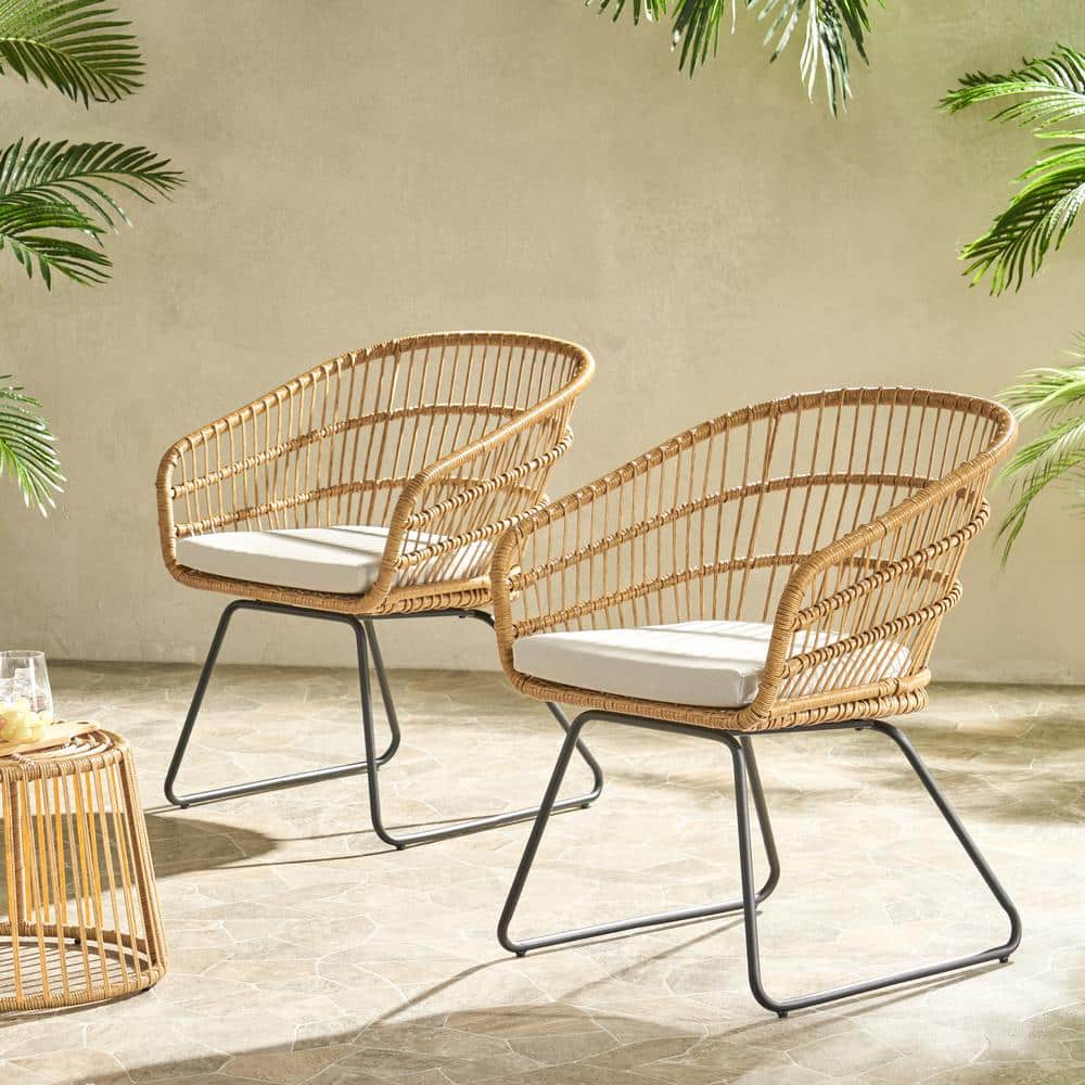 Light Brown Wicker Outdoor Dining Chair with Beige Cushions, Hollow Back (2