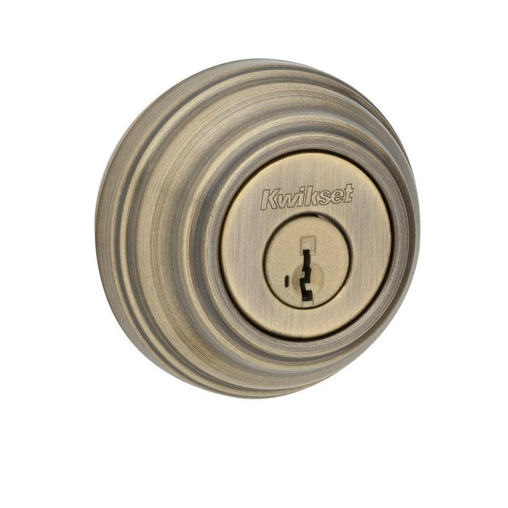 Kwikset Antique Brass Single Cylinder Deadbolt featuring SmartKey Security  with Microban Antimicrobial Technology 9805SMTCPK4V1 The Home Depot