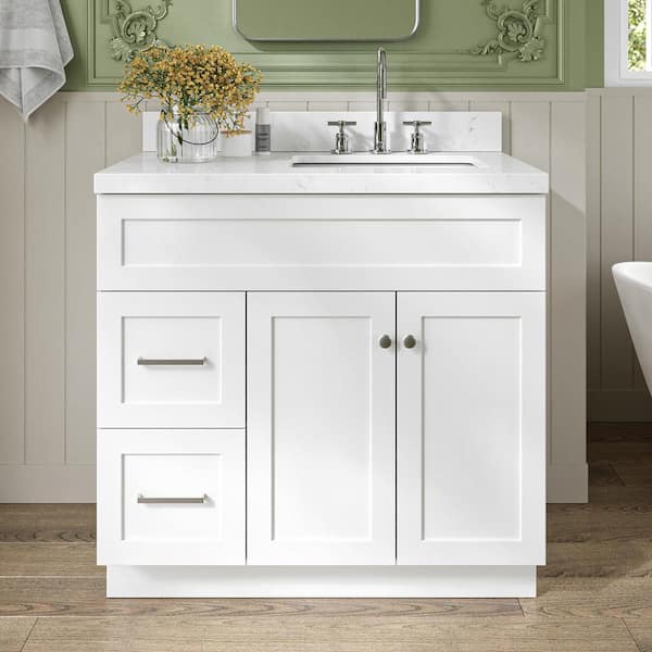ARIEL Hamlet 36.25 in. W x 22 in. D x 36 in. H Single Sink Freestanding Bath Vanity in White with Carrara White Quartz Top