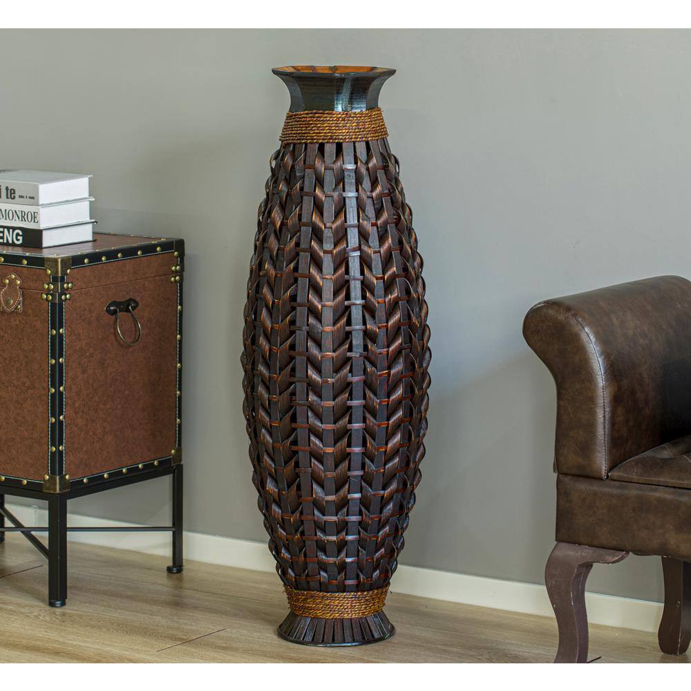 Tall Black Bamboo Floor Vase with Wicker Woven Design, 39 Inches High