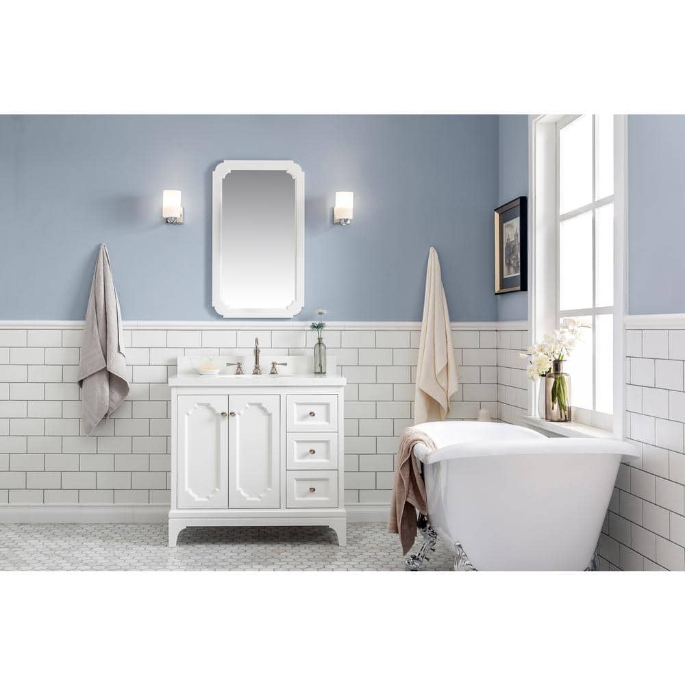 Pure White 36'' Single Bathroom Vanity with Quartz Carrara Top and Mirror