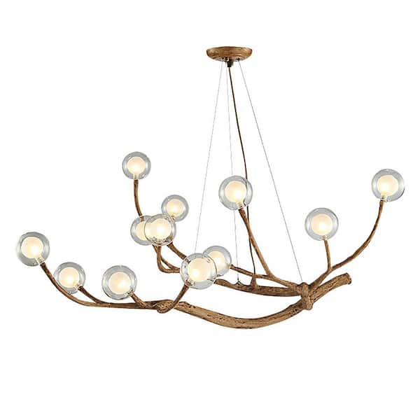 12-Light Vintage Style Adjustable Height Brown Resin Chandelier with Clear Glass Shades