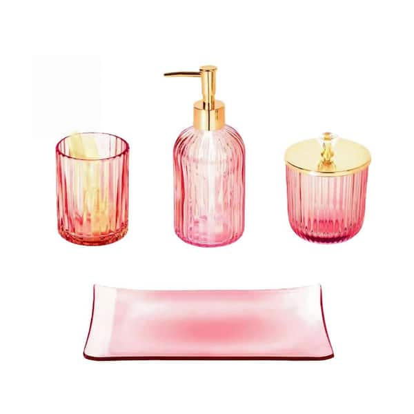 4-Piece Bath Accessory Set in Glass Pink, for Bathroom Countertop Organizing and Modern Decor for Home, Apartment