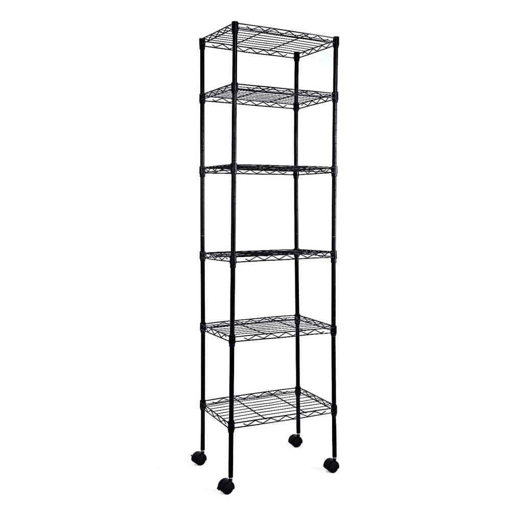 6-Shelf Heavy Duty Shelving with Wheels with Hanging Hooks, Wire Shelving, Adjustable Pantry Organize, Black