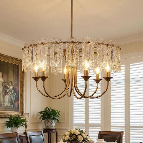YANSUN 24 in. 6-Light Gold Crystal Drum Chandelier, Raindrop Glass