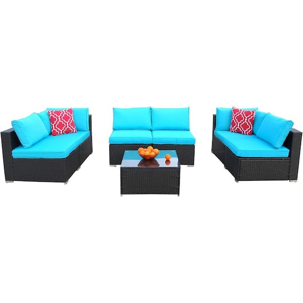 VIWAT 7 Pieces PE Rattan Wicker Outdoor Sectional Furniture with Blue Cushions
