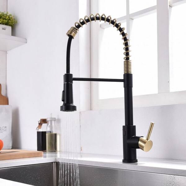 Matte Black Kitchen Faucet with Pull Down Sprayer Single Handle Brushed Gold 