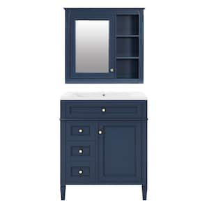 30 in. Blue Freestanding Bath Vanity Cabinet Set with White Top Sink, 3Drawers, Medicine Cabinet w/Mirror & Shelves