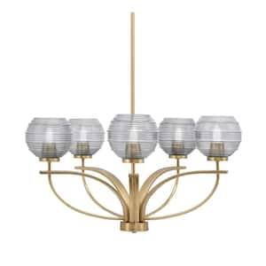 Olympia 5-Light New Age Brass Round Chandelier with 6 in. Smoke Ribbed Glass Shades, No bulbs included