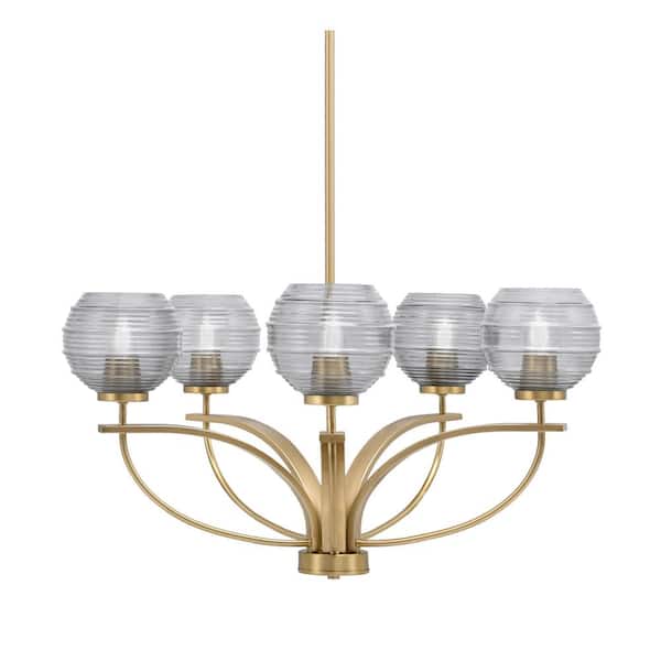 Unbranded Olympia 5-Light New Age Brass Round Chandelier with 6 in. Smoke Ribbed Glass Shades, No bulbs included