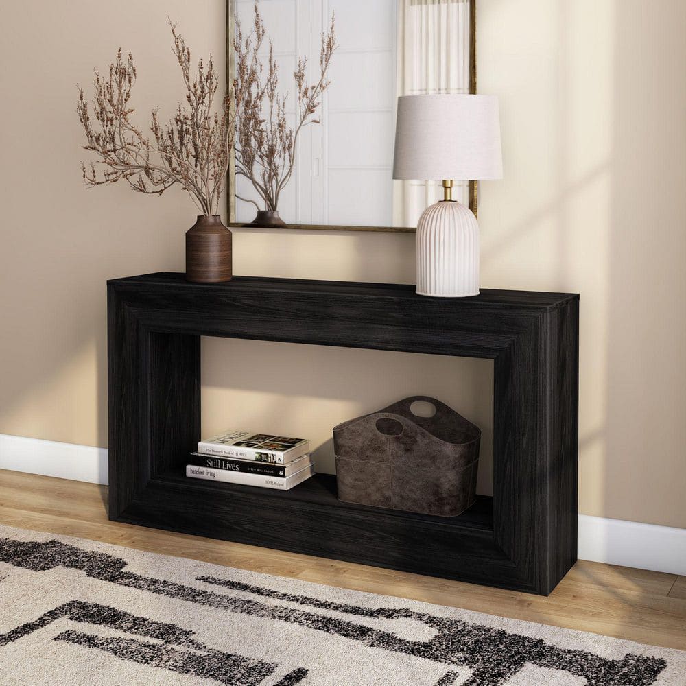 Grande 56 in. Black Wirebrush Rectangle Solid Wood Console Table with Bottom Shelf price history on PriceWatchPro